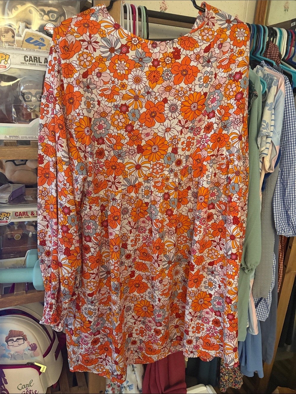 Long Sleeve Floral Shift Dress in Orange and White